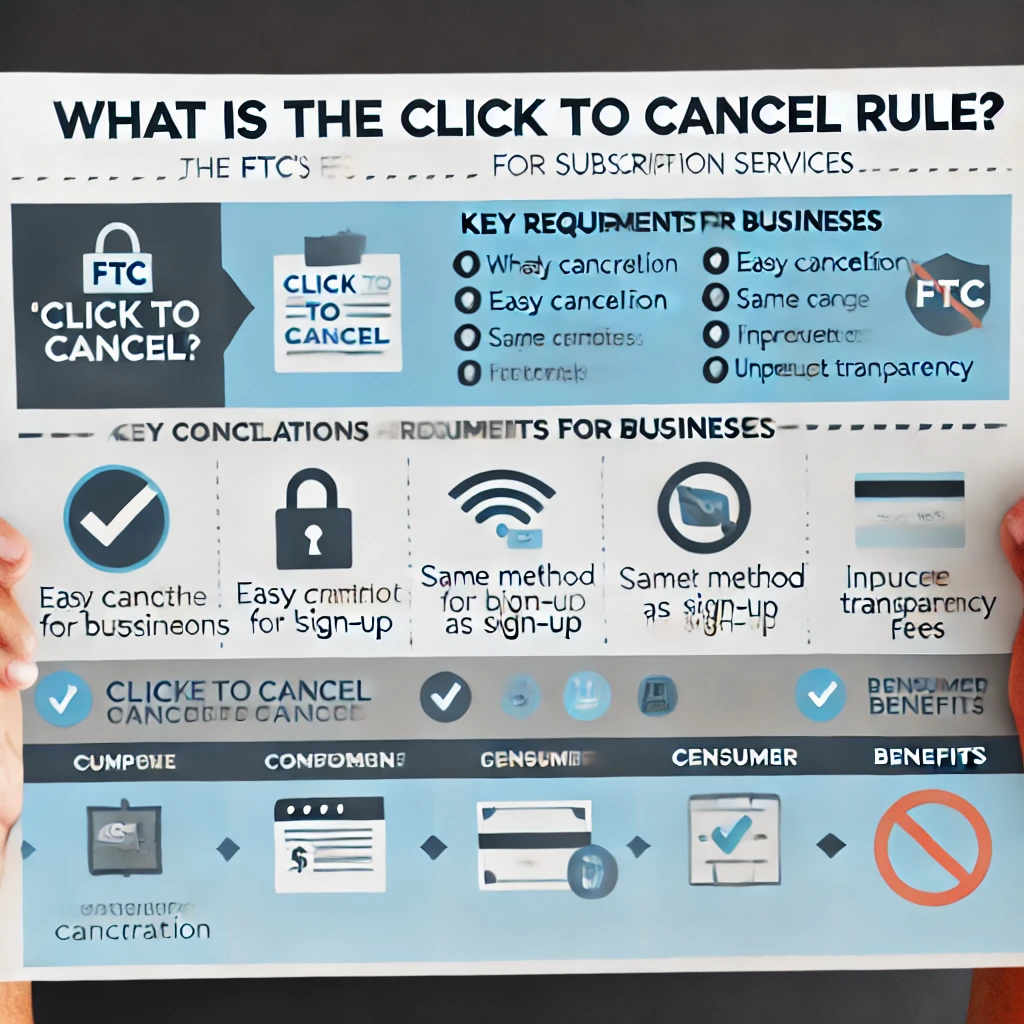 DALL·E 2024-10-17 01.01.23 - Create an infographic illustrating the key components of the FTC's 'Click to Cancel' rule for subscription services. The infographic should include th Infographic explaining the FTC's Click to Cancel rule, covering its purpose, requirements for businesses, and consumer benefits, with icons for ease of understanding.